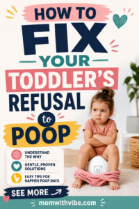 Toddler Refuses to Poop? Fix Stool Holding and Constipation

When your toddler refuses to poop, it's often more than stubbornness. Hard stools can hurt, so many kids start holding it in out of fear, discomfort, or a need to stay in control.

That cycle can turn a small problem into days of straining, tears, and anxiety around the bathroom. The good news is that toddler poop refusal usually gets better with softer stools, calm bathroom habits, and a steady approach that doesn't turn pooping into a battle.

With the right changes, you can help your child feel safe again and make bathroom time less tense. If the pattern keeps going or pain shows up, knowing when to call the doctor matters too, and that's where we'll start.

What is really behind your toddler's poop refusal?

A toddler who refuses to poop is usually trying to avoid discomfort, not trying to be difficult. In many cases, the problem starts with one painful bowel movement and grows from there.

Once pooping hurts, a child may begin holding stool on purpose. Then the stool sits longer, gets drier and larger, and the next trip to the bathroom feels even scarier. That is how a small moment turns into a loop that keeps repeating.

A small child stands in a brightly lit bathroom with a nervous expression, looking down at a nearby child-sized potty. Strong light creates dramatic shadows across the tiled floor and walls. [https://user-images.rightblogger.com/ai/00db9149-7736-4b47-af46-63115345c6a0/toddler-potty-training-anxiety-3f486944.jpg]

The pain cycle that keeps toddlers from going

Hard poop can feel sharp and overwhelming for a toddler. After that first painful experience, many children start bracing themselves before they even feel the urge again.

That fear changes what happens next. Instead of relaxing, your child tightens up, squeezes, or ignores the urge to go. The longer stool stays inside, the more water the body pulls out of it, so it becomes harder, thicker, and more painful to pass.

This is why constipation can snowball so fast. A child may hold it today, then face an even bigger and more uncomfortable poop tomorrow. Soon, the bathroom itself starts to feel like a threat.

For a simple medical explanation of stool withholding, ERIC's guide on stool withholding [https://eric.org.uk/childrens-bowels/stool-withholding/] breaks down how pain can trigger the cycle.

When it is fear, power, or a potty training problem

Sometimes the issue starts with feelings, not just the body. Toddlers are wired to claim control, and poop can become one of the few things they feel they can manage.

Potty training can make this worse. A child may resist sitting on the toilet, fear the flush, dislike wiping, or hate the feeling of the potty seat. If training moves too fast, pressure can turn a mild worry into a hard refusal.

Rewards can also backfire when they feel like pressure. A toddler who senses urgency may dig in harder, especially if the bathroom becomes a stage for performance. The more tense the adult gets, the more the child may hold on.

Stress matters too. Travel, illness, new routines, or changes at home can throw off bathroom habits. Some children also react to sensory discomfort, such as the sound of flushing, the cold seat, or the feeling of being exposed.

> Pressure often turns a bathroom habit into a power struggle.

Signs constipation may be the real issue

A child can still be constipated even if they poop a little now and then. Small leaks or occasional stools do not always mean the bowels are empty.

Watch for these signs:

 * Small, hard poops that look dry or pebble-like
 * Belly pain or a tight, swollen stomach
 * Skid marks in underwear from stool that leaks around a blockage
 * Bloating or a belly that feels full and uncomfortable
 * Long gaps between bowel movements
 * Straining without much result
 * Refusing to sit on the potty after a painful poop

If your child seems backed up, that can explain a lot of the resistance. A toddler who is constipated often avoids going because the last experience taught their body to expect pain.

For more background on how constipation and withholding connect, Johns Hopkins Medicine explains childhood constipation [https://www.hopkinsmedicine.org/health/wellness-and-prevention/dealing-with-kids-and-constipation] in plain terms.

A few clear patterns usually point to the real problem. Pain, fear, control, and constipation often work together, and the child ends up stuck in the middle.

Get the stool soft first, because comfort comes before cooperation

Before you focus on toilet habits, focus on the stool itself. A toddler who expects pain will hold back, no matter how many reminders you give. Soft, easy-to-pass poop lowers the fear, and that is what starts breaking the cycle.

That means the first goal is simple: make bowel movements less work for the body and less scary for your child. Water, fiber, and a few smart food swaps can help. In some cases, a short break from toilet training pressure gives the body time to reset.

Foods and drinks that help things move

Water helps stool stay softer, while fiber adds bulk and keeps things moving. Together, they make pooping less like pushing a rock and more like passing a soft lump. That matters a lot when your toddler is already tense.

A wooden plate rests on a warm-toned table, filled with slices of sweet pear, fresh blueberries, and steamed broccoli florets. Morning light highlights the natural textures of this nutritious snack. [https://user-images.rightblogger.com/ai/00db9149-7736-4b47-af46-63115345c6a0/healthy-toddler-snack-plate-e50c6a5a.jpg]

Start small if your child is picky. A few bites of pears, prunes, peaches, berries, beans, vegetables, oats, or whole grains can help more than a full meal overhaul. You do not need to rebuild every plate overnight.

A simple swap often works better than a battle. Try:

 * pear slices instead of crackers at snack time
 * oatmeal instead of sugary cereal
 * berries or peaches with breakfast
 * beans mixed into soup, rice, or quesadillas
 * soft vegetables on the side, even if only a few bites

A little more fluid matters too. Offer water often through the day, not just at meals. For a child-friendly overview of constipation-friendly foods, Children's Hospital of The King's Daughters [https://www.chkd.org/patient-family-resources/our-blog/foods-that-help-relieve-constipation-in-kids/] gives a simple food and drink guide.

Foods that can slow a constipated toddler down

Some foods can make constipation worse for some children, especially when they crowd out fiber-rich options. Too much dairy can be a problem for certain toddlers. So can a pattern built around white bread, white rice, pasta, and other low-fiber foods.

That does not mean these foods are always bad. It means the balance matters. If your child eats mostly low-fiber foods and drinks very little water, stool can get dry and hard fast.

A few children also react differently to certain foods, so watch your own child's pattern. If milk-heavy meals or a day of plain carbs seem to lead to more holding, adjust gently rather than cutting everything at once. The U.S. National Institute of Diabetes and Digestive and Kidney Diseases also lists fiber-rich foods such as oats, beans, and whole grains as helpful for constipation in children, and its nutrition guide for constipation [https://www.niddk.nih.gov/health-information/digestive-diseases/constipation-children/eating-diet-nutrition] is a useful reference.

Why pressure or punishment can make holding worse

Fear tightens the body, and shame tightens it even more. If your child already expects pain, harsh words can make pooping feel even less safe. Then the holding gets worse, not better.

Stay calm when there is an accident, a refusal, or a messy diaper. Treat it like a problem to solve, not bad behavior. A child learns fast when your face is tense, so keep your tone low and steady.

A pause in toilet training can help if constipation has taken over. Some toddlers need time away from pressure while their stool softens and their fear settles down. That short reset is often better than forcing the issue every day.

> The goal is to make the bathroom feel safe again before you ask for cooperation.

If your child keeps tightening up, stop turning poop into a test. Let the body calm down first, then return to the routine with less pressure and more patience.

Build a simple toilet routine that works with the body

A toddler who refuses to poop often needs rhythm more than pressure. The body likes patterns, and the bowel often wakes up after meals, especially after breakfast. When you build the day around that natural cue, the bathroom feels less like a fight and more like part of the routine.

The goal is to give your child a steady chance to go without making it a big event. Keep the timing predictable, keep the mood light, and let the body do the work. The gastrocolic reflex [https://my.clevelandclinic.org/health/body/gastrocolic-reflex] is one reason this works, since eating can trigger the colon to move stool along.

A bright bathroom features a sturdy wooden footstool placed carefully before a crisp white toilet. Soft sunlight illuminates the clean, minimalist surfaces, creating a calm and supportive space for young children. [https://user-images.rightblogger.com/ai/00db9149-7736-4b47-af46-63115345c6a0/cozy-toddler-bathroom-setup-31fc3181.jpg]

Use the after-meal window to your advantage

After a meal is often the easiest time to try. The bowel usually becomes more active, so a short toilet sit after breakfast, lunch, or dinner can catch that natural urge without forcing it.

Start with one consistent time, then add more if needed. Many parents find breakfast works best because the body is already waking up, but lunch or dinner can help too. The key is sameness, so your child knows what comes next.

A simple rhythm looks like this:

 1. Sit for a few minutes after breakfast.
 2. Try again after lunch if morning went well.
 3. Add a short evening sit if your child still seems backed up.

Keep the sit calm and brief. If nothing happens, that is fine. You are training the body to expect the toilet, not demanding instant results.

Keep toilet sits short, calm, and low-stress

Long toilet battles usually backfire. A toddler needs a few quiet minutes, not a long wait that turns into frustration on both sides.

Two to five minutes is enough at first. Let your child bring a small book, hum a song, or take slow breaths if that helps them settle. Calm bodies poop more easily, because fear and tension make the muscles tighten.

> The routine should feel ordinary, like washing hands after a meal.

Use a gentle script each time. "Let's sit for a little while, then we're all done" is clear and safe. If your child gets upset, end the sit kindly and try again later. The bathroom should feel predictable, not like a place where everyone holds their breath.

Make the bathroom physically easier to use

A good position matters. When a toddler sits with feet dangling, pushing gets harder and the body can feel unsteady. A footstool helps keep the feet flat and supported, which gives your child more balance and makes it easier to bear down.

A child-sized seat or potty chair can also help if the regular toilet feels too big. Some toddlers relax faster when their body fits the seat better. If your child looks scared, smaller equipment can make the bathroom feel less like a giant hard chair and more like a safe spot.

Small adjustments make a real difference:

 * Feet flat on a sturdy stool
 * Knees slightly higher than the hips
 * Bottom secure on the seat
 * A potty chair nearby if the toilet feels too tall

The Johns Hopkins constipation guide [https://www.hopkinsmedicine.org/health/wellness-and-prevention/dealing-with-kids-and-constipation] also recommends short sits after meals and notes that a footstool can help with easier bowel movements. Once the body feels supported, the child often feels more secure too. That sense of safety can be the difference between clenching and going.

Praise effort, not just poop, and use rewards the right way

When a toddler is scared to poop, pressure usually backfires. What helps more is steady praise for trying, sitting, and staying calm. That kind of support lowers the stress in the room and makes the bathroom feel less like a test.

Small rewards can help too, but only when they celebrate the habit, not just the result. A child who feels encouraged is more likely to try again tomorrow.

What to say when your toddler is scared or stuck

Keep your words short and warm. Your child does not need a lecture. They need proof that pooping is safe, and that you will help without making it a big scene.

Try phrases like:

 * "You were brave and sat on the potty."
 * "Poop should not hurt. We will help your body feel better."
 * "You can tell me if you feel stuck."
 * "I am proud of you for trying."
 * "Take your time. I am here."

These small lines matter because they calm the body as well as the mind. A toddler who feels watched, rushed, or shamed often holds tighter. A toddler who feels safe is more likely to relax.

You can also praise the effort after a hard day. "You tried even though it felt hard" tells your child that trying still counts. That message builds trust, one calm sit at a time.

> Praise the trying, not just the toilet success.

Use small rewards to celebrate the habit

Rewards work best when they support the routine. Stickers, a simple chart, or a tiny treat can make bathroom time feel encouraging. The goal is to reward sitting, trying, and staying calm, not only producing poop.

That keeps the focus on what your child can control. If the reward only comes after a bowel movement, some toddlers feel more pressure and freeze up. A sticker for sitting after breakfast sends a gentler message: "You showed up, and that matters."

A few ideas that work well:

 * a sticker after each calm sit
 * a stamp on a bathroom chart
 * one extra bedtime story after a full week of trying
 * choosing the next book for potty time

Keep rewards simple and predictable. They should feel like a cheer, not a bribe or a threat. "If you poop, you get this" can create tension. "You get a sticker for trying" feels lighter and more helpful.

The American Academy of Pediatrics also recommends keeping potty training positive with praise and small rewards, and its toilet training tips [https://www.healthychildren.org/English/ages-stages/toddler/toilet-training/Pages/Praise-and-Reward-Your-Childs-Success.aspx] give a clear parent-friendly overview. For some families, a small non-food reward works better than snacks, and Cleveland Clinic's reward ideas [https://health.clevelandclinic.org/tinkle-treats-how-to-limit-sugar-when-potty-training] offer a few simple options.

Keep your own tone steady and reassuring

Your mood sets the temperature of the room. If you stay calm, your child has a better chance of calming down too. If you look tense every time the bathroom comes up, your toddler may brace for trouble before they even sit.

A steady parent helps the child feel safe. That safety can lower resistance, because the bathroom stops feeling like a place where something bad might happen. Over time, your calm voice becomes part of the routine itself.

Say less when your child is worried. Use a normal voice, keep your face soft, and avoid reacting strongly to accidents or refusals. Simple comments like "We will try again later" or "Your body is learning" keep the moment grounded.

Try to make the bathroom feel ordinary. You can read a short book, sit nearby, or quietly wait without hovering. When your child learns that pooping does not bring panic, the fear starts to shrink. That shift matters more than any sticker ever could.

A parent kneels on the tiled bathroom floor, smiling softly at a small child seated on a training potty. The warm, low light creates an intimate environment for supportive learning. [https://user-images.rightblogger.com/ai/00db9149-7736-4b47-af46-63115345c6a0/parent-supporting-toddler-potty-7aa0aa5c.jpg]

A calm routine, a few kind words, and small rewards for effort can turn bathroom time into something manageable. When your child feels safe enough to try, progress usually follows.

Know when to pause, watch closely, or call the doctor

Most toddler poop refusal gets better with softer stool, less pressure, and a steadier routine. Still, some signs point past ordinary withholding. When a child looks sick, pain grows, or the bathroom pattern drags on for weeks, it's time to stop waiting it out.

A worried parent sits on a couch gently holding the small hand of a reclining toddler. Dramatic, warm indoor lighting emphasizes the intimate and serious emotional connection between the two figures. [https://user-images.rightblogger.com/ai/00db9149-7736-4b47-af46-63115345c6a0/worried-parent-caring-toddler-0ba6b781.jpg]

Red flags that need medical help sooner

Call the doctor sooner if your toddler has vomiting, poor appetite, a swollen or hard belly, blood in the stool, or severe belly pain. A child who seems very unwell, weak, feverish, or worse than usual should not be left to "see if it passes."

These signs can mean more than simple constipation. If your child is crying in pain, refusing food, or the belly looks puffed up like a tight drum, get medical advice right away. A small streak of blood on hard stool can happen from a tiny tear, but repeated bleeding still needs a check.

For a parent-friendly medical reference, CHOC's constipation guide [https://choc.org/conditions/gastroenterology/constipation-in-children/] explains the warning signs that need attention.

When home changes are not enough

If better meals, more water, calmer toilet sits, and less pressure do not help, a pediatrician may need to check for constipation or another issue. Ongoing withholding for weeks or months should not be ignored, because the stool can keep backing up and the fear can grow.

A doctor may suggest a treatment plan to soften stool, clear a blockage, or calm the cycle of pain and holding. That plan can also help you tell the difference between normal resistance and a body problem that needs more support.

The Johns Hopkins constipation overview [https://www.hopkinsmedicine.org/health/conditions-and-diseases/constipation-in-children] offers a clear look at common symptoms and treatment options.

How to know if potty training needs a short reset

Sometimes the smartest move is to ease off potty training for a while. If your toddler tenses up, cries, hides, or fights every toilet sit, the pressure may be too high for now.

A short reset gives the body time to heal and gives your child room to feel safe again. That pause is not failure. It often helps break the link between the toilet and fear, so you can return later with less stress and better results.

Conclusion

You can help your child move past this stage by prioritizing their physical comfort over strict training schedules. Start by keeping stools soft with proper hydration and fiber, as this removes the physical pain that often triggers the fear of going. Once the discomfort fades, build a calm and consistent bathroom routine that centers on support rather than performance.

Stay observant for signs that professional help is needed, such as ongoing pain or physical distress. If the process feels like a constant battle, feel free to pause your training efforts to let your child reset and feel safe again.

Progress often feels slow when you are in the thick of it, but gentle, steady steps almost always outweigh the results of force. Your patience creates the foundation for a healthier and more confident bathroom habit.