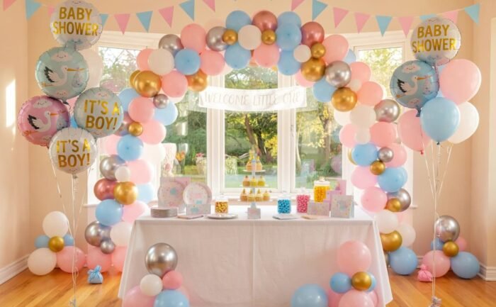 Whimsical baby shower stage design
