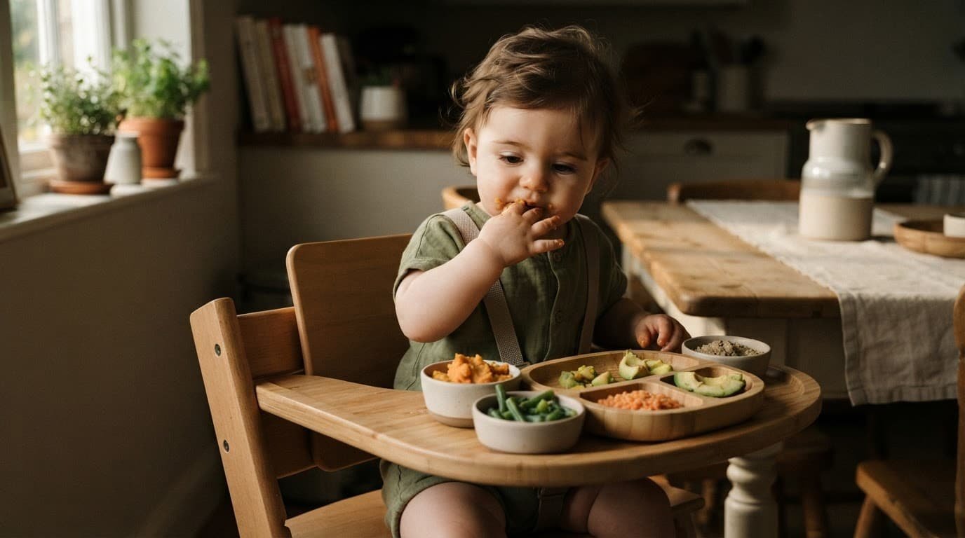 A baby in a high chair explores small plates of soft vegetables, fruit, grains, beans, and egg.