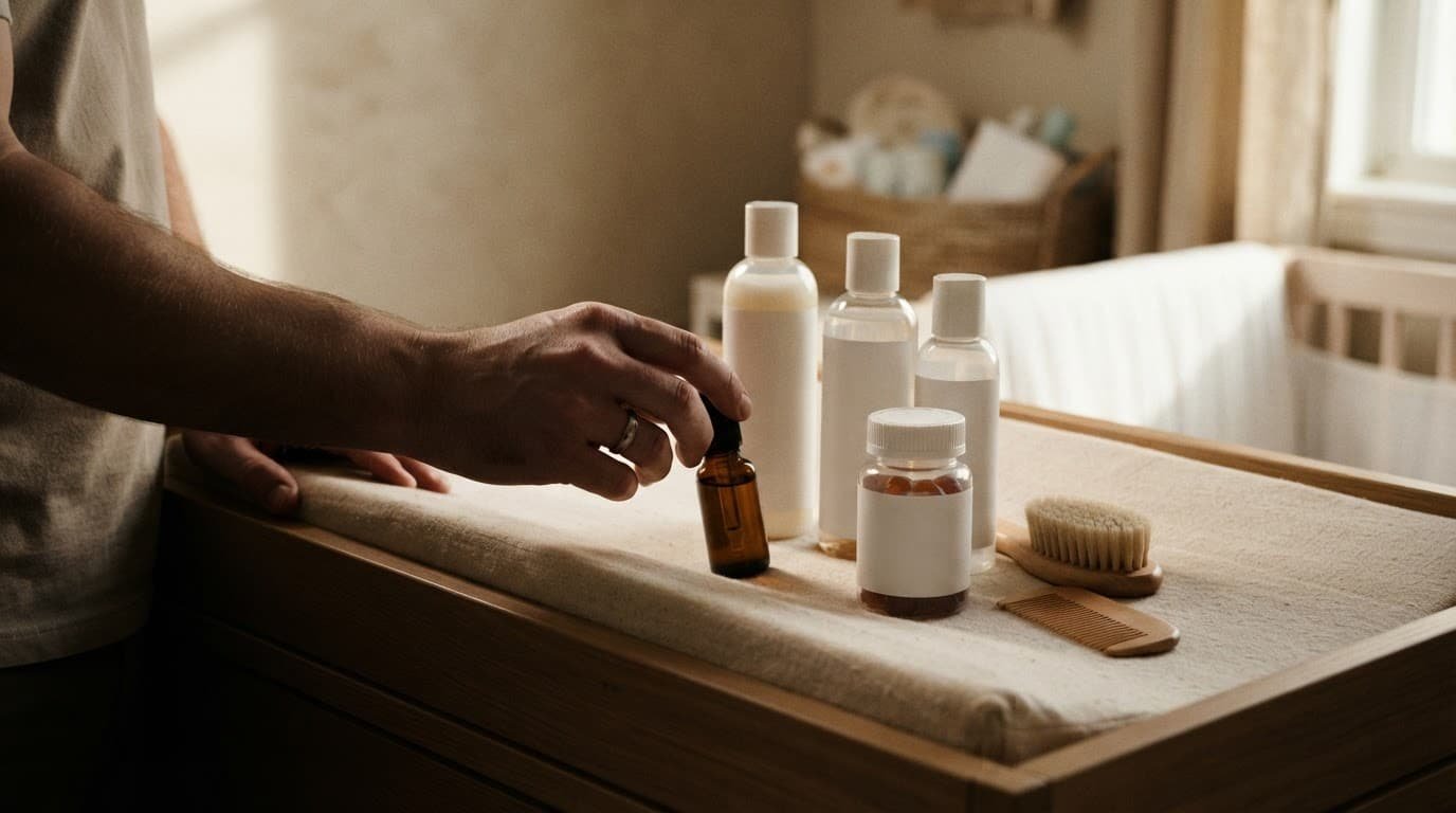 Adult hands beside baby hair products, supplements, an oil vial, and a comb on a nursery table.