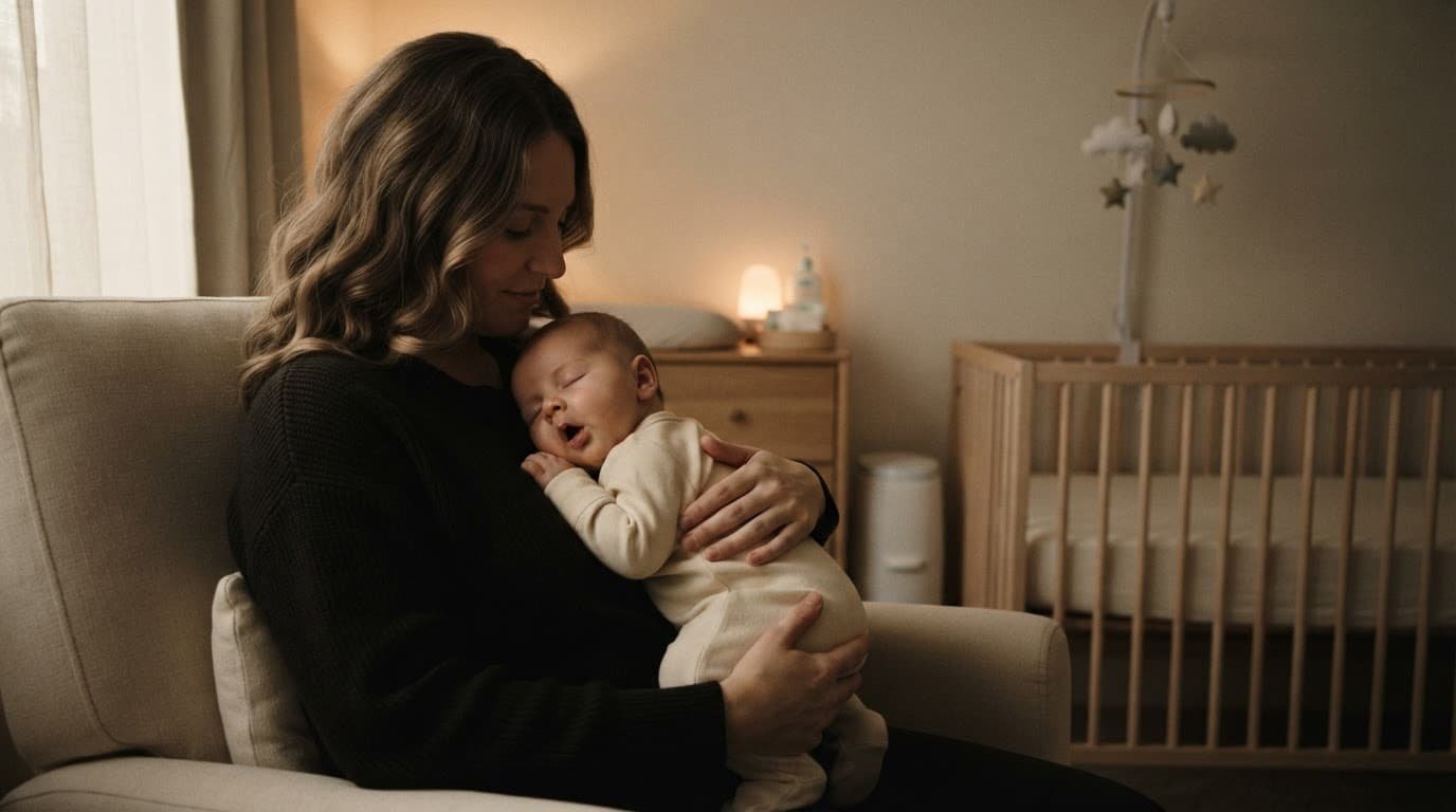 A parent gently holds a tired baby beside a crib in a warm nursery.
