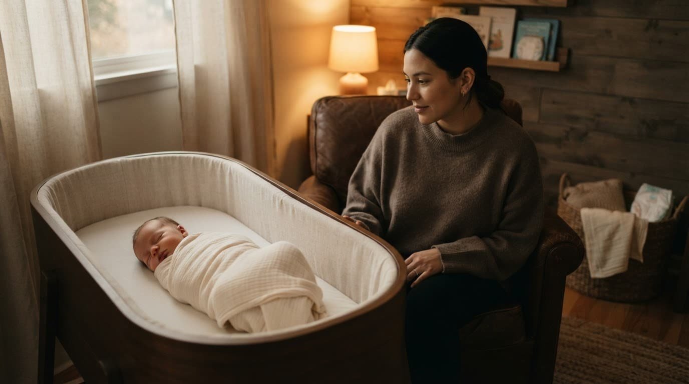 A newborn rests in a nursery while a caregiver watches nearby.