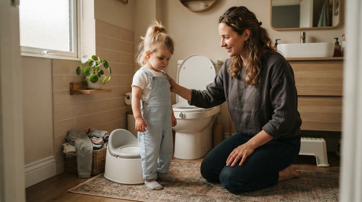 A parent comforts a toddler beside a small potty in a warm bathroom.