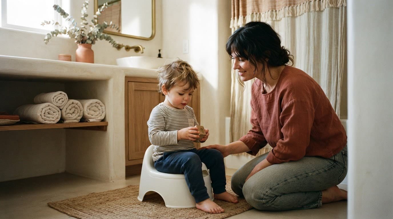A toddler sits on a small potty while a parent kneels nearby in a warm bathroom.