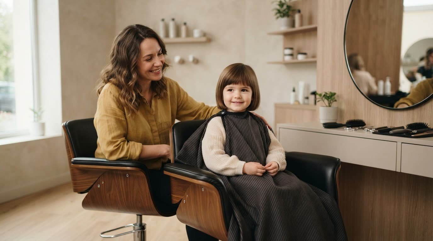 A toddler girl sits beside her parent in a warm salon with grooming tools out of reach.