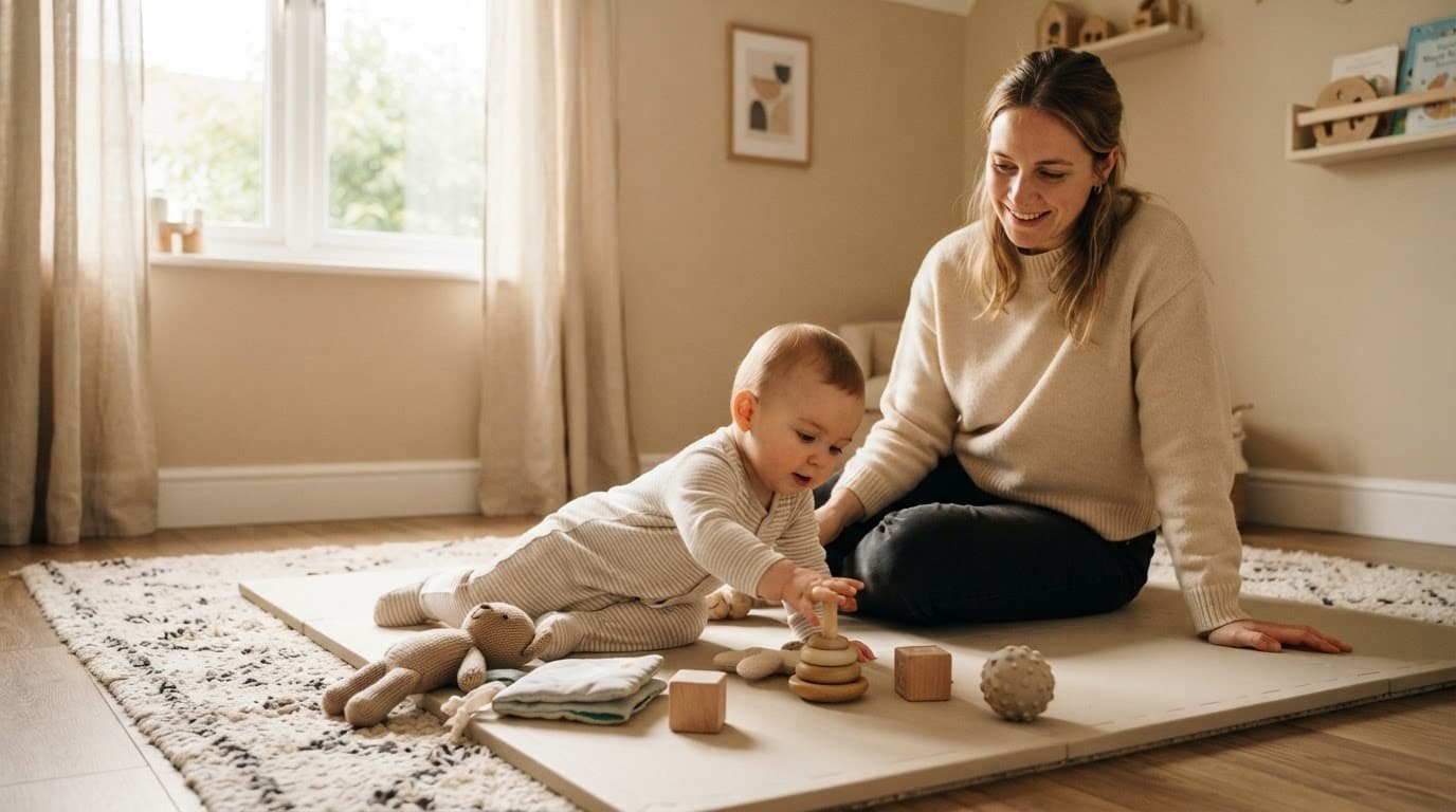 A caregiver watches a baby reach for a toy on a nursery play mat.
