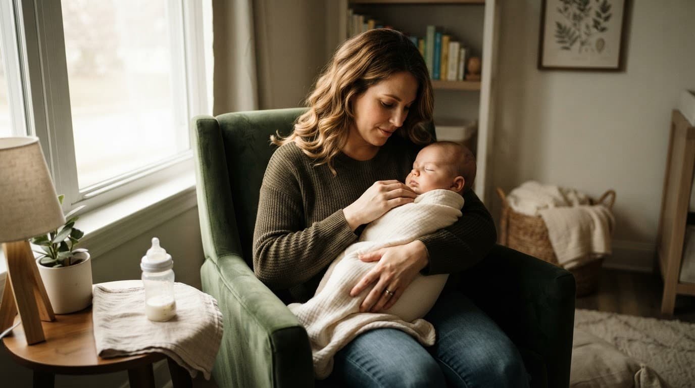 A caregiver observes a relaxed infant during a feeding pause in a warm nursery.