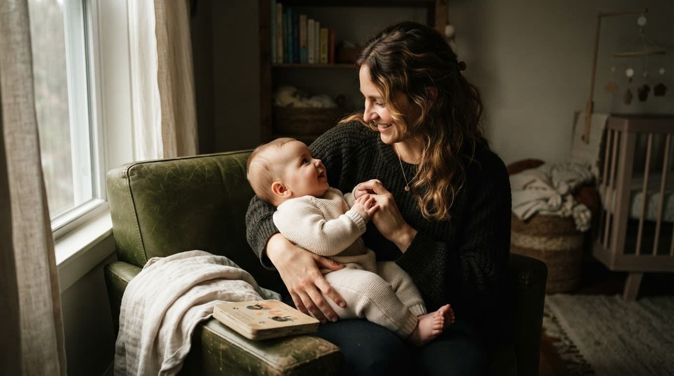 Caregiver cuddling an infant beside a board book and soft blanket.