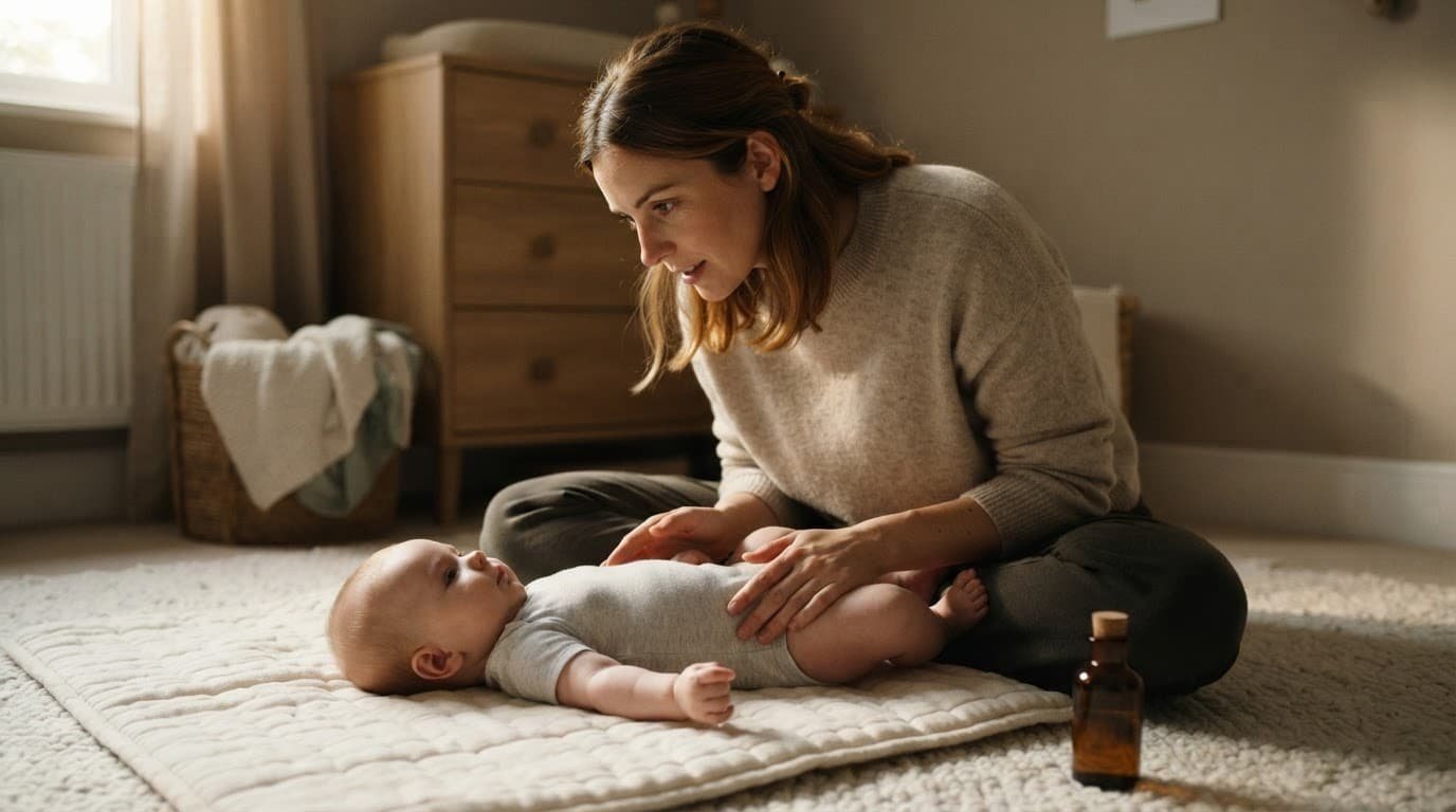 Caregiver watches an infant resting on a blanket beside a small oil bottle.