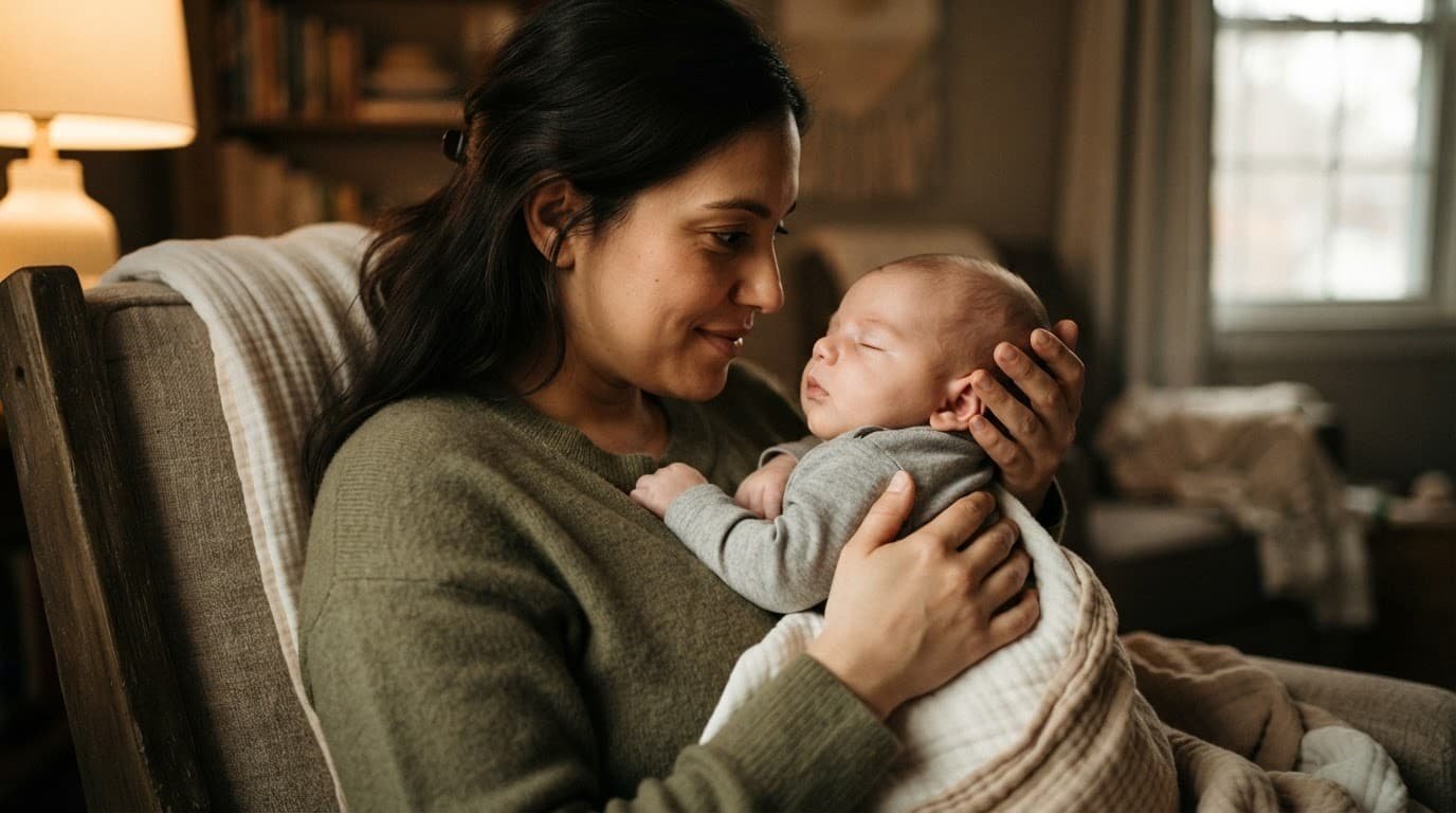 Caregiver gently holds a baby and watches the baby's eyes in a softly lit nursery.