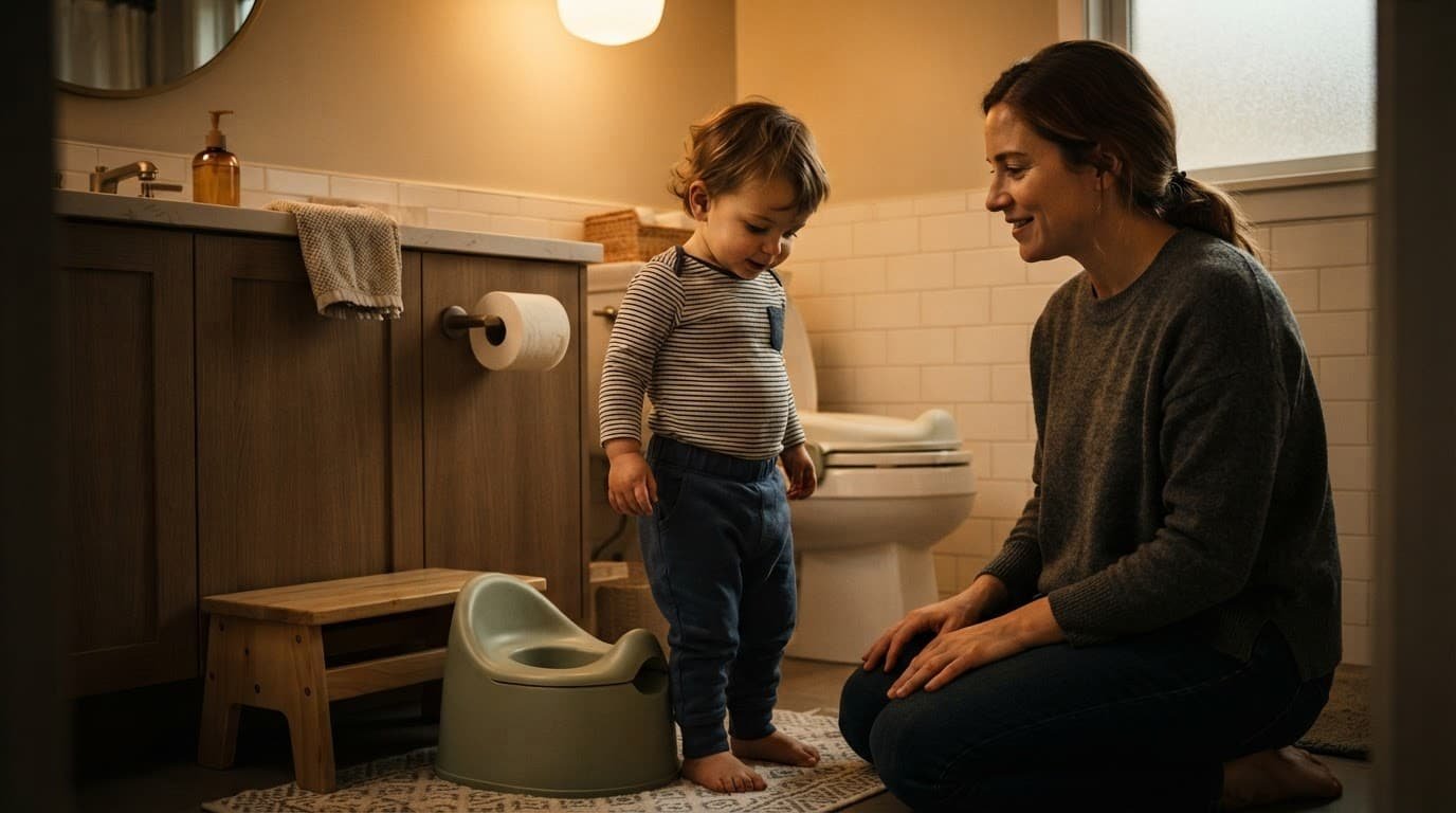A toddler and parent beside a potty chair in a warm, child-friendly bathroom.