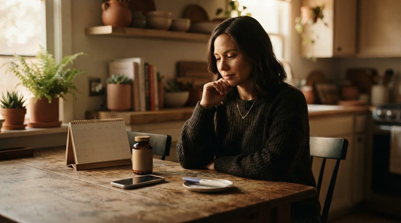Adult at a kitchen table with a phone, vitamins, calendar, and pregnancy test.