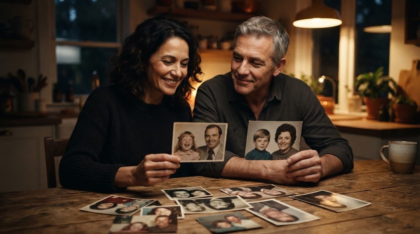 Two adults compare family photos at a warmly lit kitchen table.