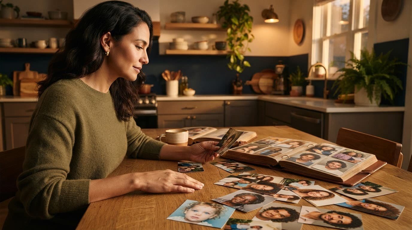A parent reviews family photos at a warmly lit kitchen table.