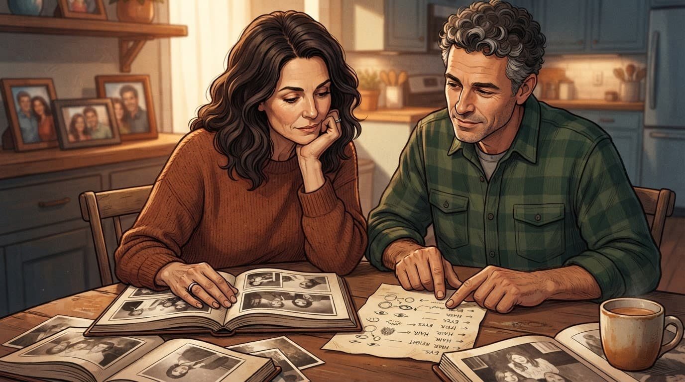 Two adults compare family photos and papers at a warmly lit kitchen table.