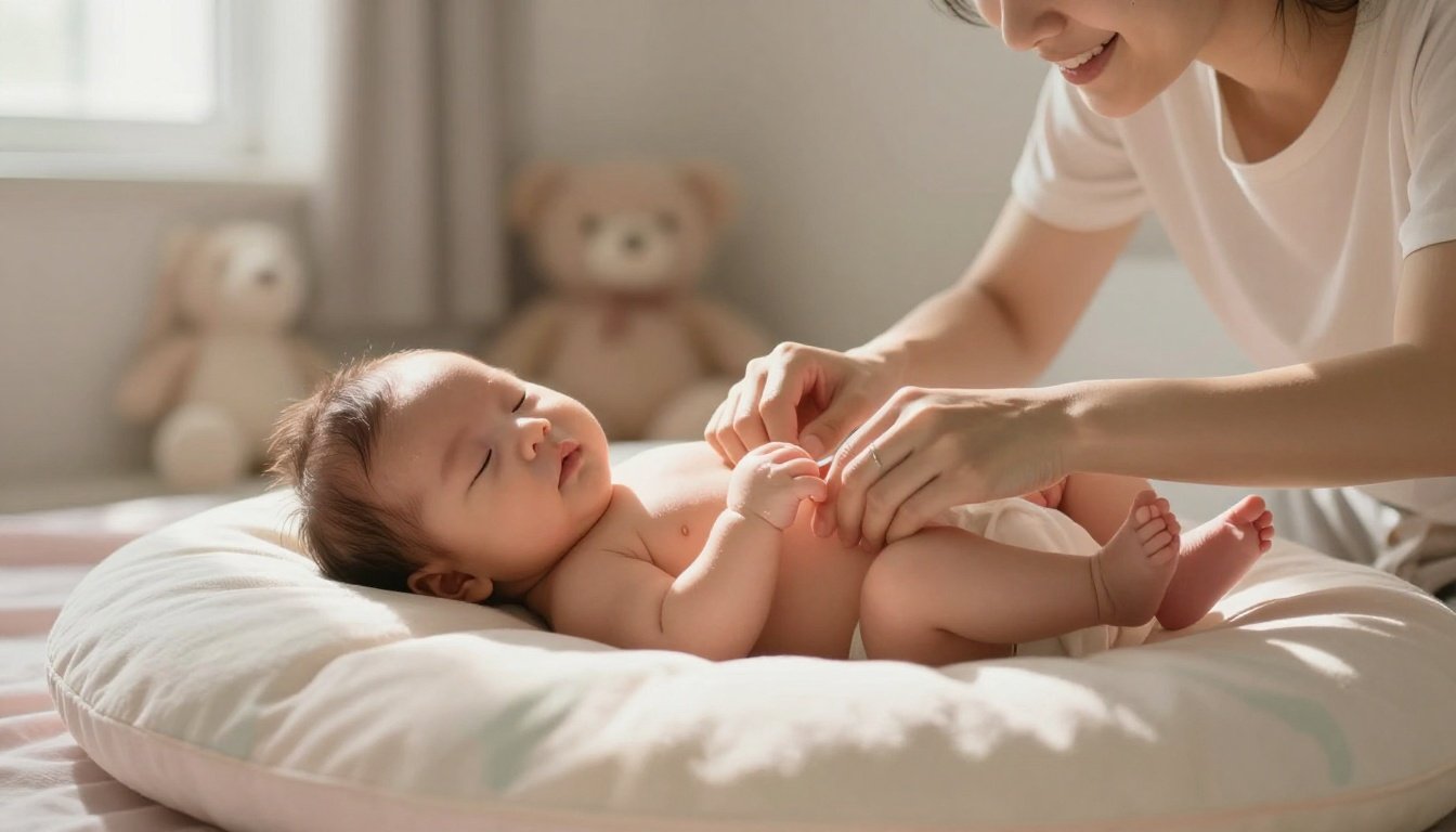Mother gently massages her newborn’s feet on a pastel blanket.