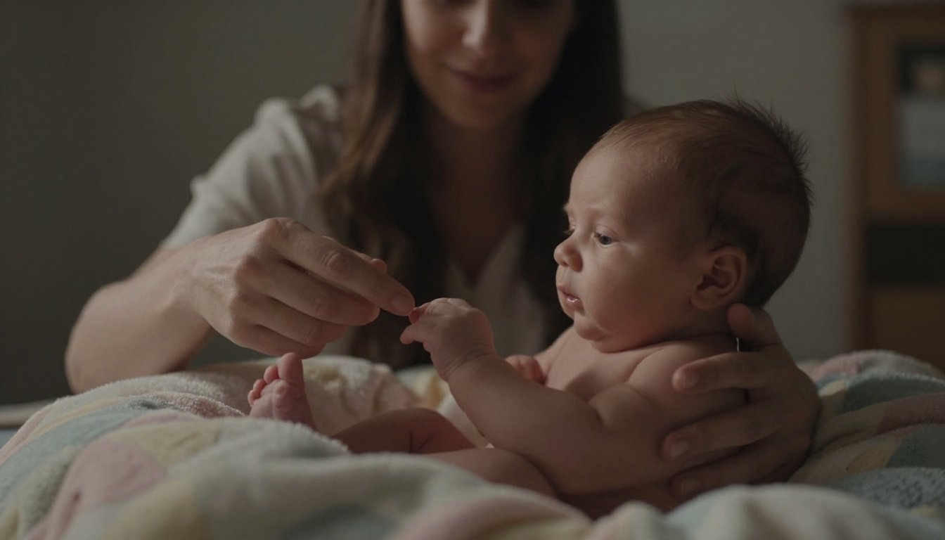 A newborn reaches for a mother’s finger in a softly lit nursery.
