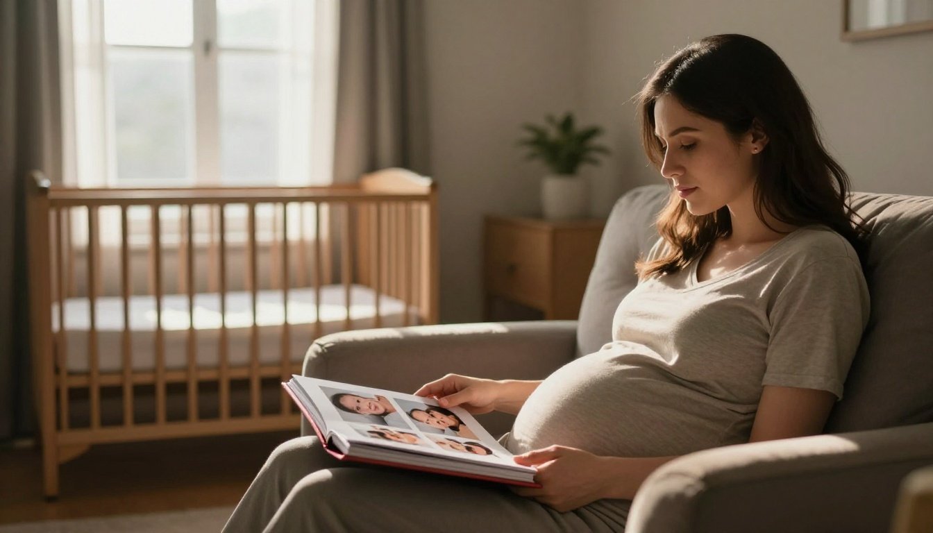 A pregnant woman and her partner look through a baby photo album in a sunlit bedroom.