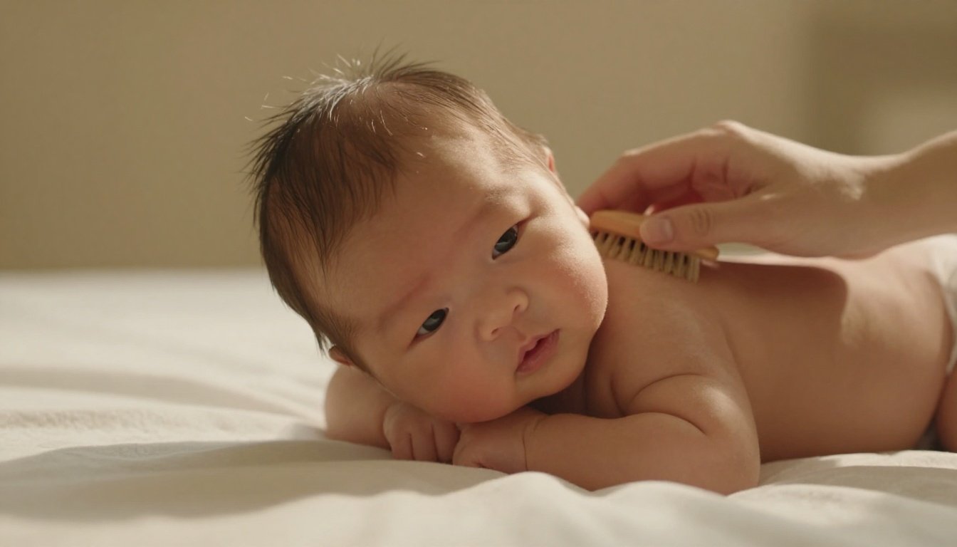A mother gently brushes a newborn’s fine hair on a white blanket.