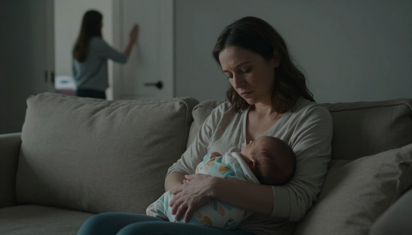 A tired mother holds her swaddled newborn as a relative reaches through an open door.