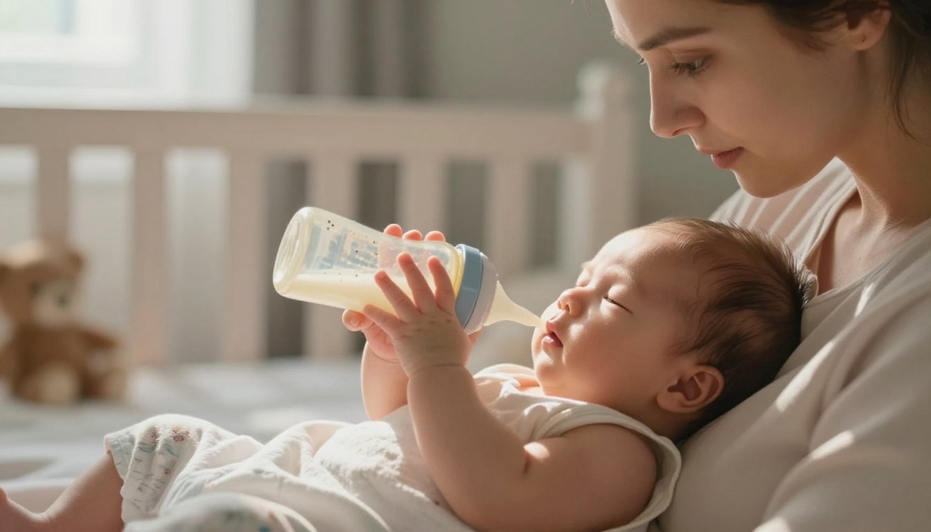 Mother holds a newborn who turns away from a bottle in a softly lit nursery.
