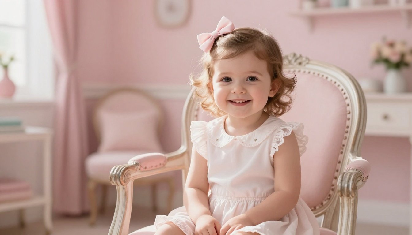 Smiling toddler girl with curled hair and a pastel bow sitting in a bright salon chair.