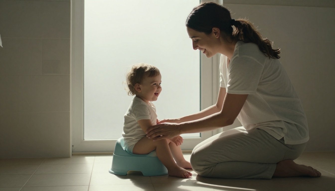A mother comforts her toddler seated on a blue potty chair.