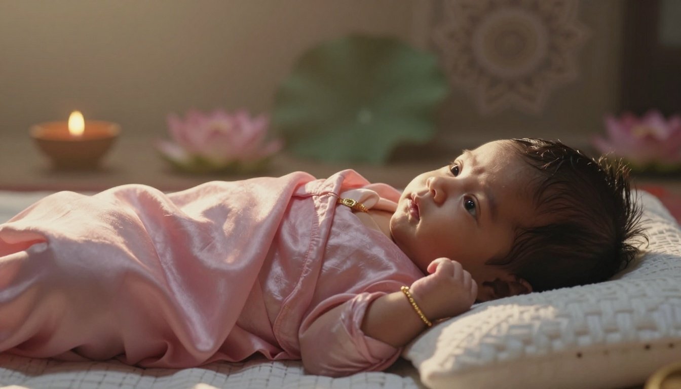 Newborn Indian baby girl wrapped in pink silk on a white blanket.