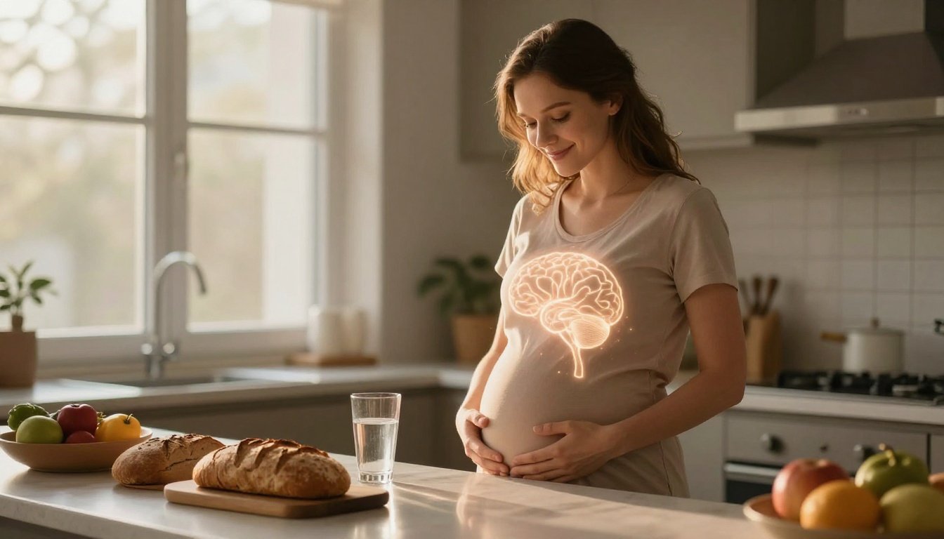 Expectant mother holding her belly near a sunny kitchen counter with healthy foods.