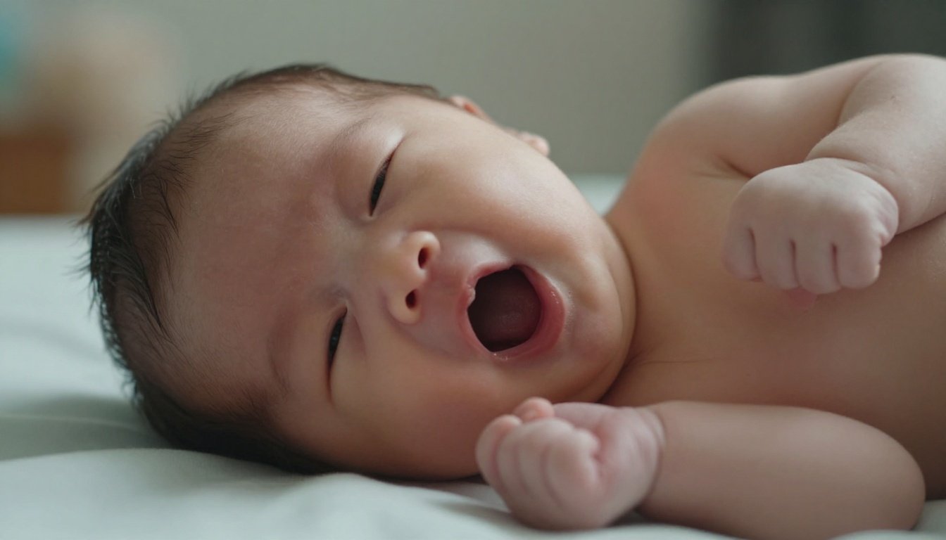 Newborn baby yawning on a pastel blanket in a softly lit nursery.