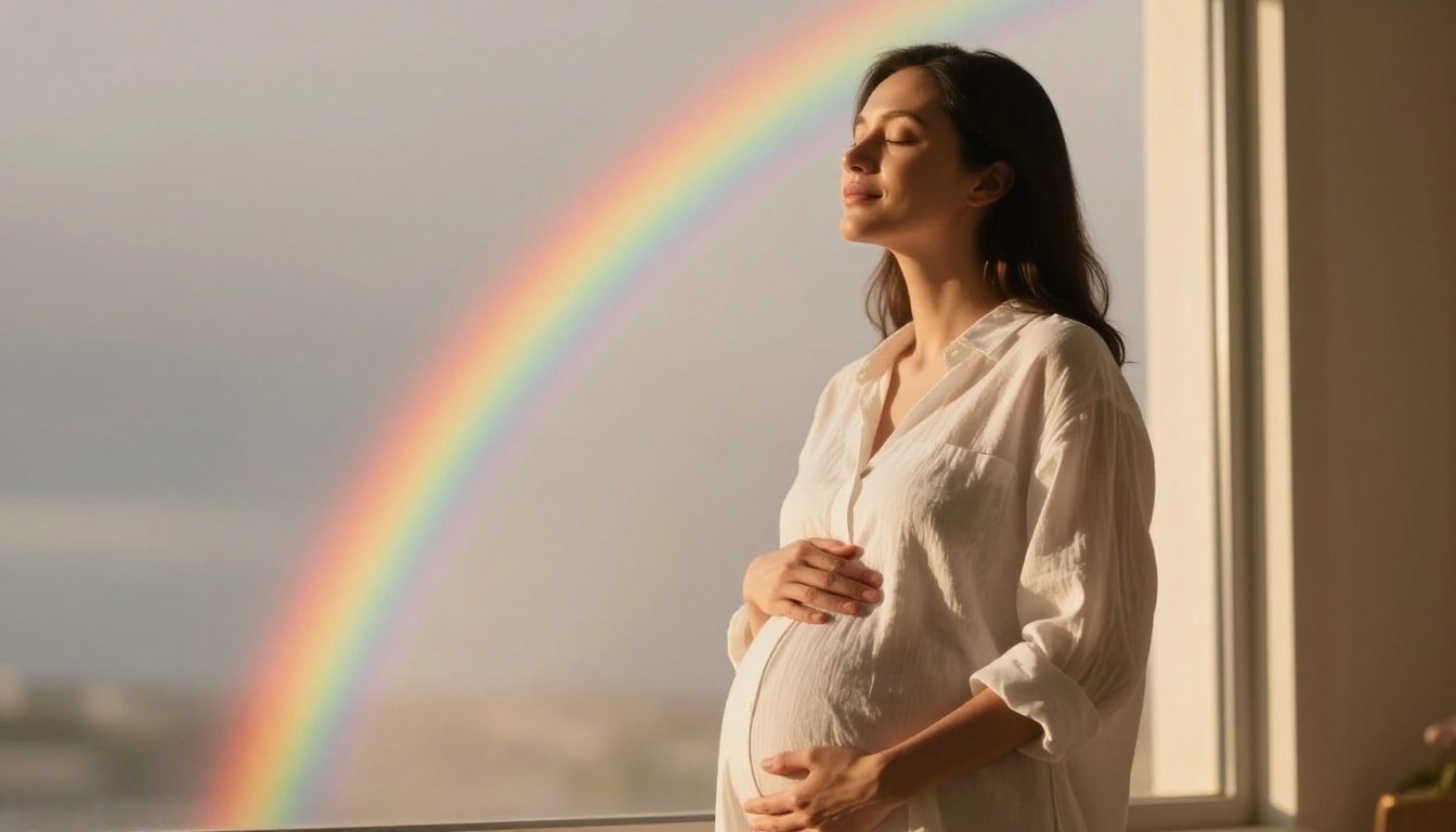 A pregnant woman cradles her belly beside a sunny window with a pastel rainbow behind her.