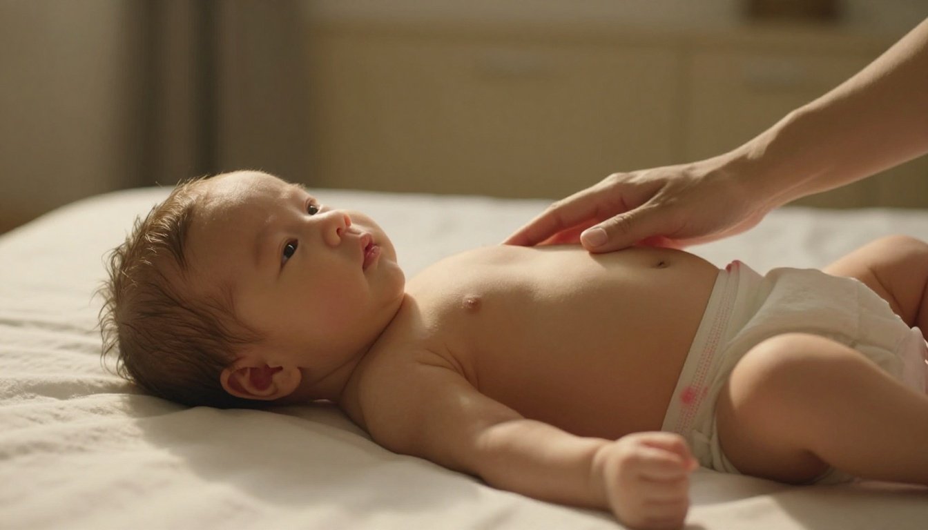 Newborn girl on a white blanket with a hand resting near her abdomen.
