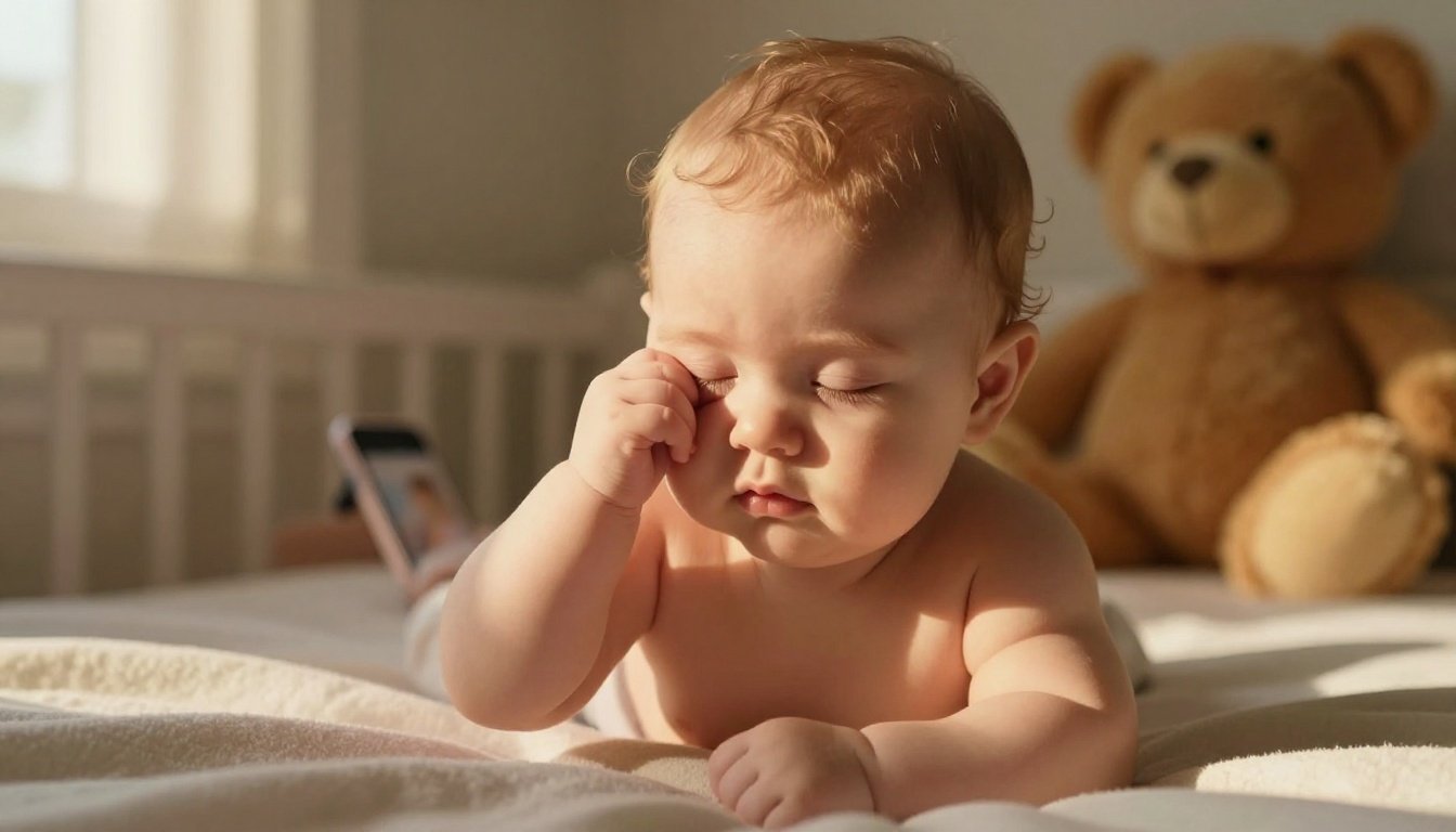 Sleepy baby rubbing one eye on a pastel blanket in a sunny nursery.
