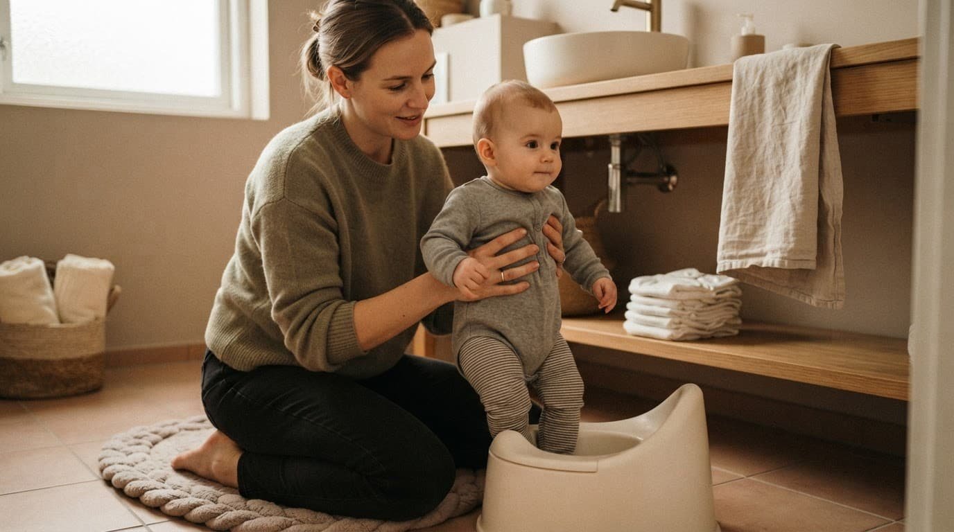 A parent safely supports a baby near a small potty in a warm bathroom.