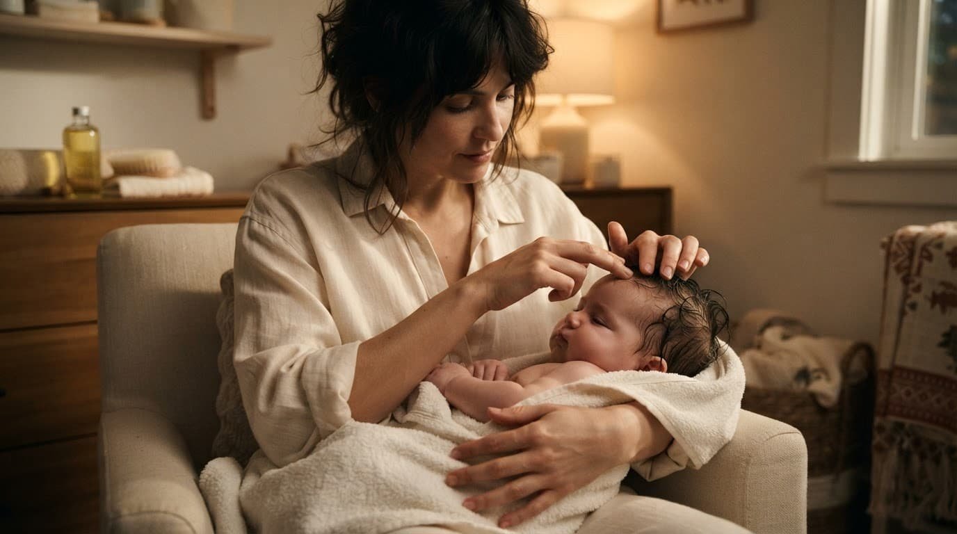A parent gently cares for a towel-wrapped baby's scalp in a warm nursery.