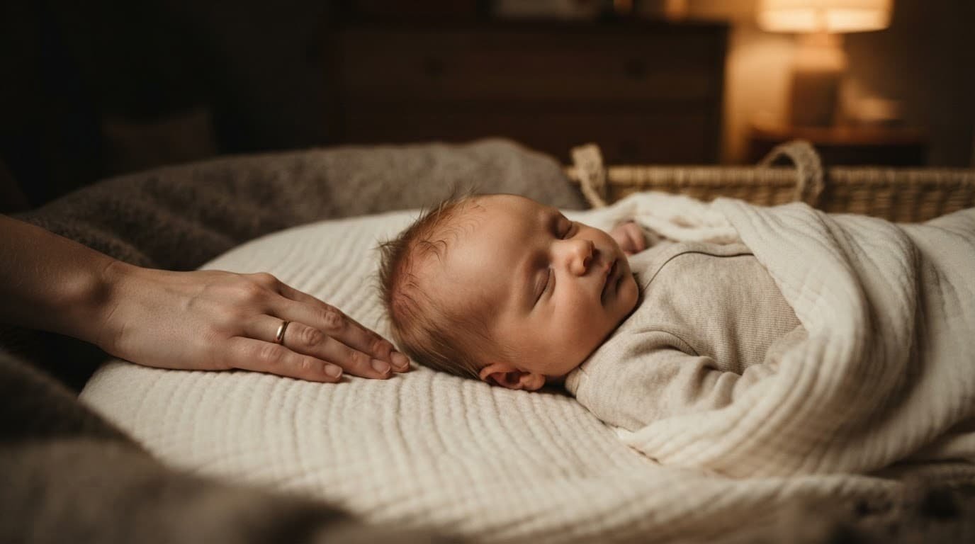 Baby with sparse hair lies on a soft blanket beside a resting adult hand.