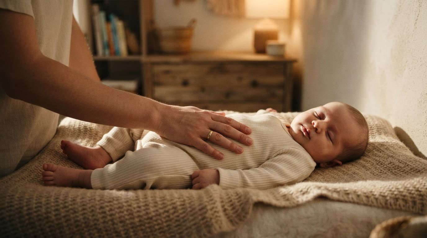 Caregiver touching an infant’s covered abdomen on a soft blanket.