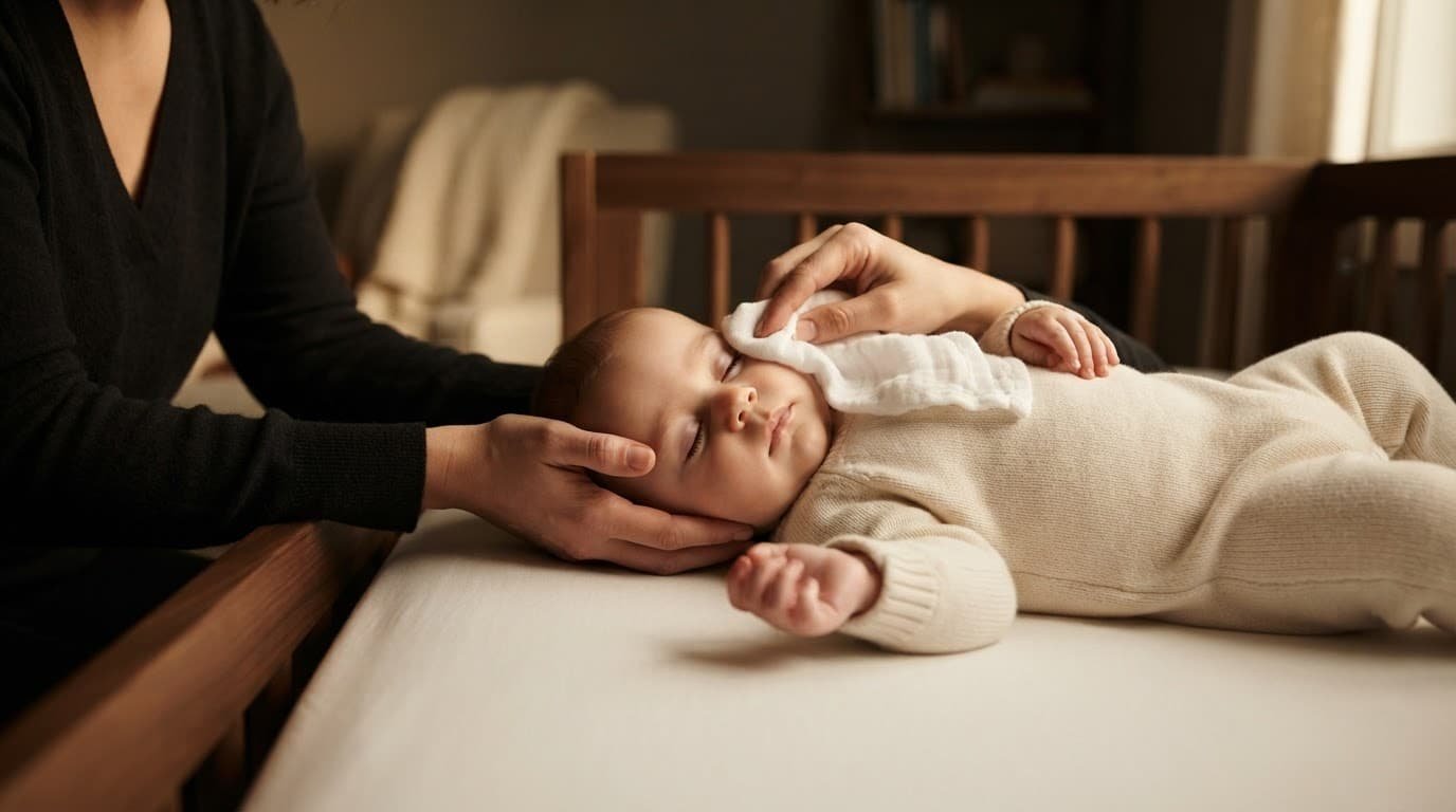 A caregiver gently cleans a resting baby’s eye with a soft cloth in a warm nursery.