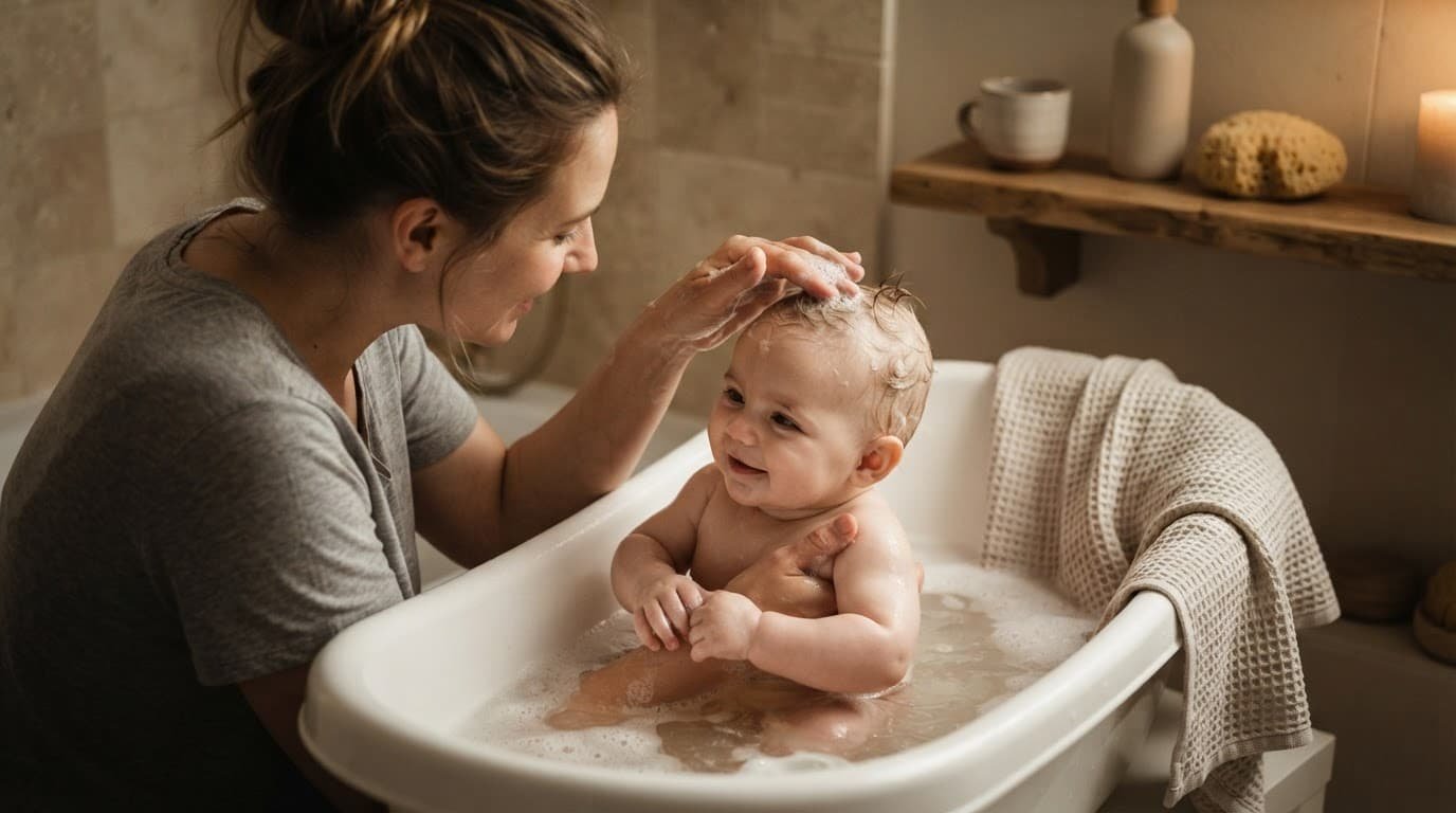 A parent gently washes an infant’s sparse hair during a warm bath.