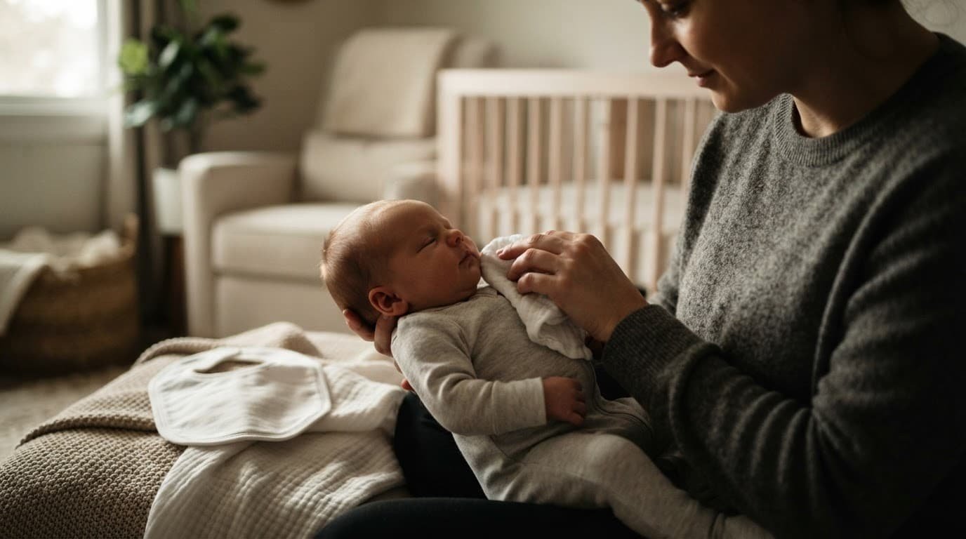 A parent gently dabs a newborn’s cheek in a softly lit nursery.
