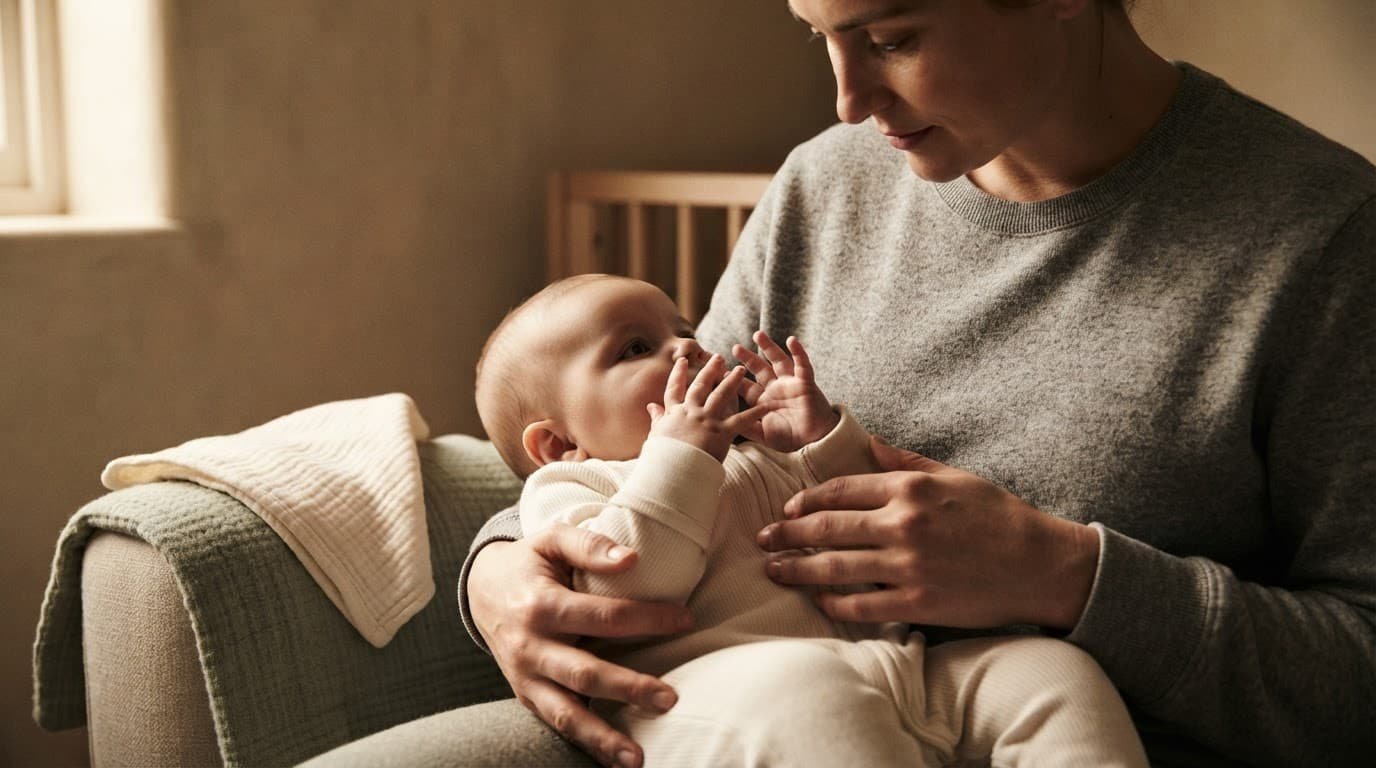 A caregiver watches a baby whose hands rest near the eyes in a softly lit nursery.