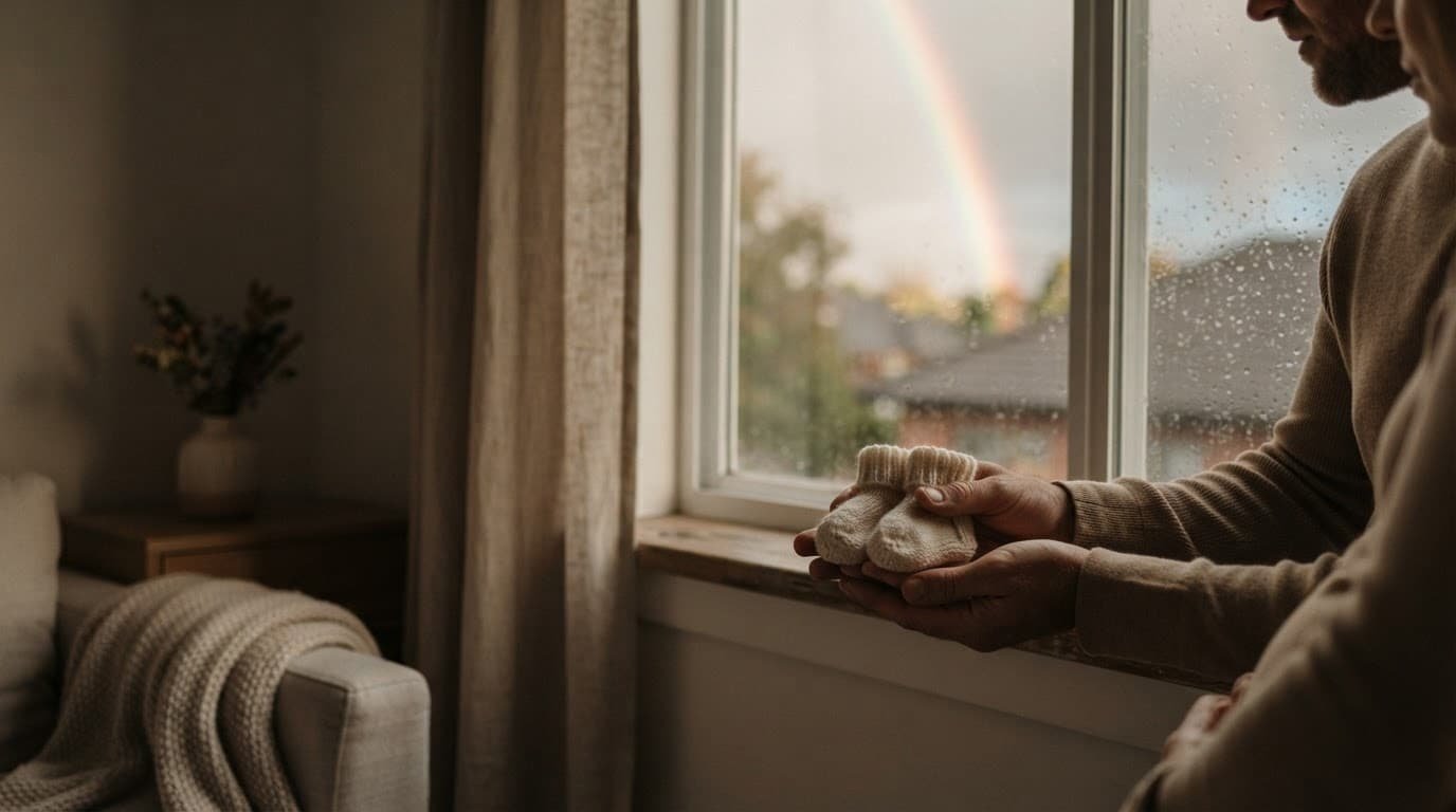 Two adults hold tiny baby socks beside a glowing window with a faint rainbow.
