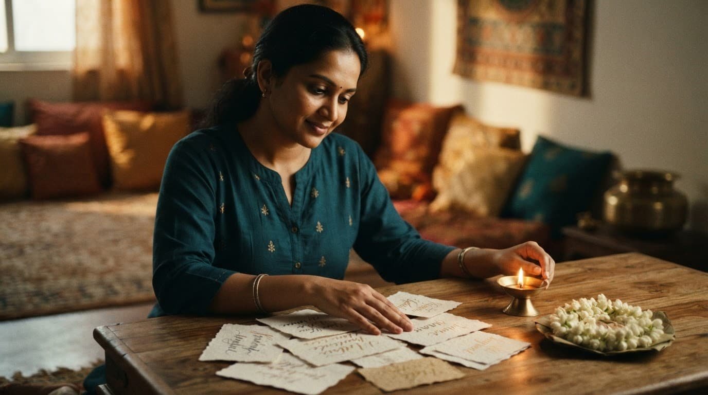 A mother choosing name cards beside a brass diya and jasmine flowers.