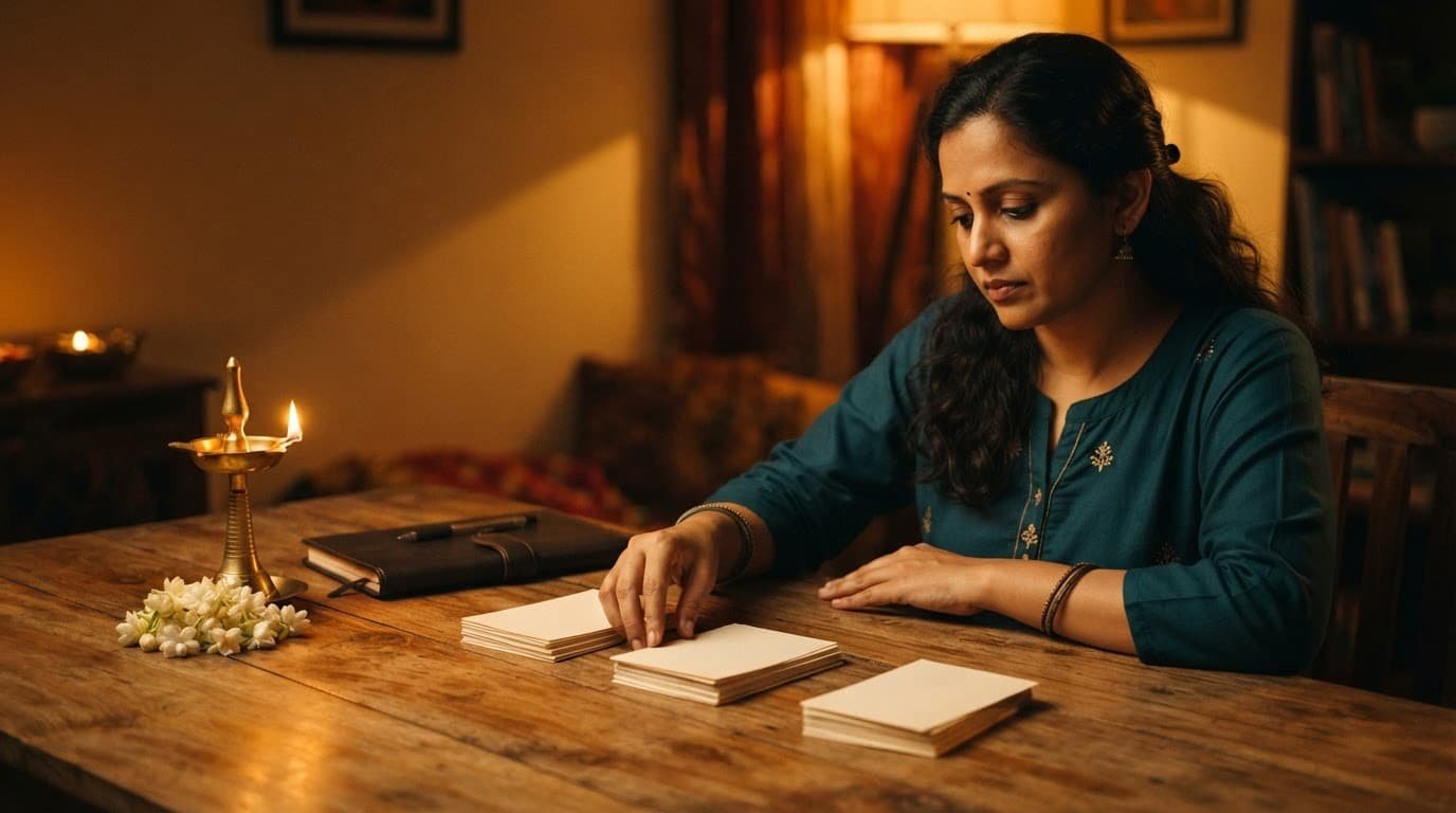 Indian mother sorting blank baby name cards beside a diya, flowers, and notebook.