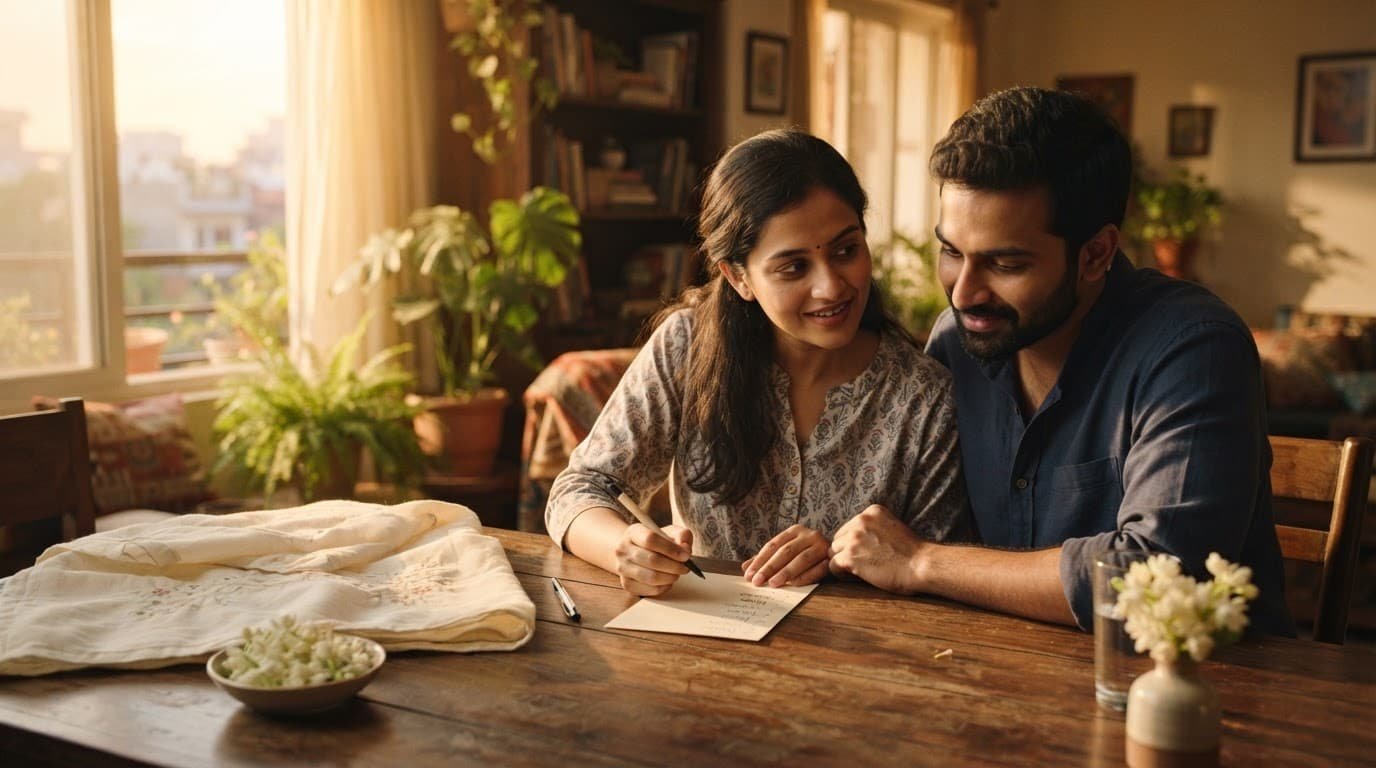 Indian parents review baby names beside a blanket and jasmine flowers at a warmly lit table.