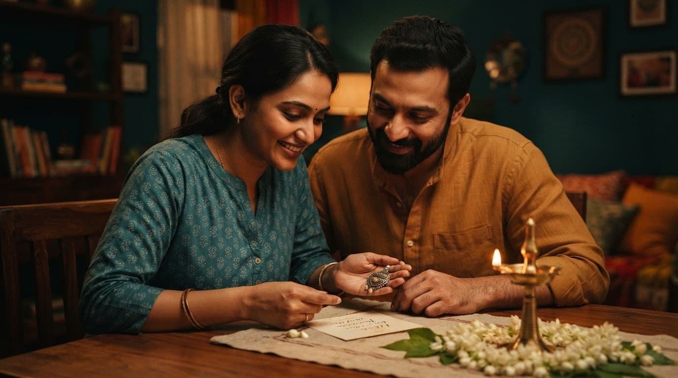 An Indian couple compares a name card and family keepsake beside a brass lamp and jasmine flowers.
