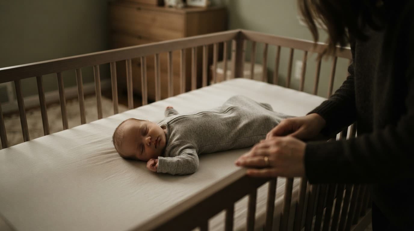 An infant lies in a crib while a parent watches nearby.
