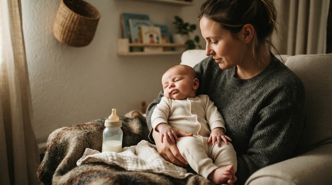 Mother holds a relaxed baby turning away during a quiet nursery feeding.