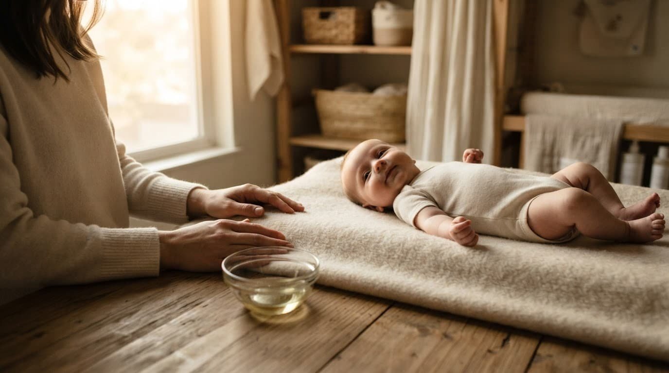 Caregiver prepares plain oil beside a calm infant on a soft blanket.