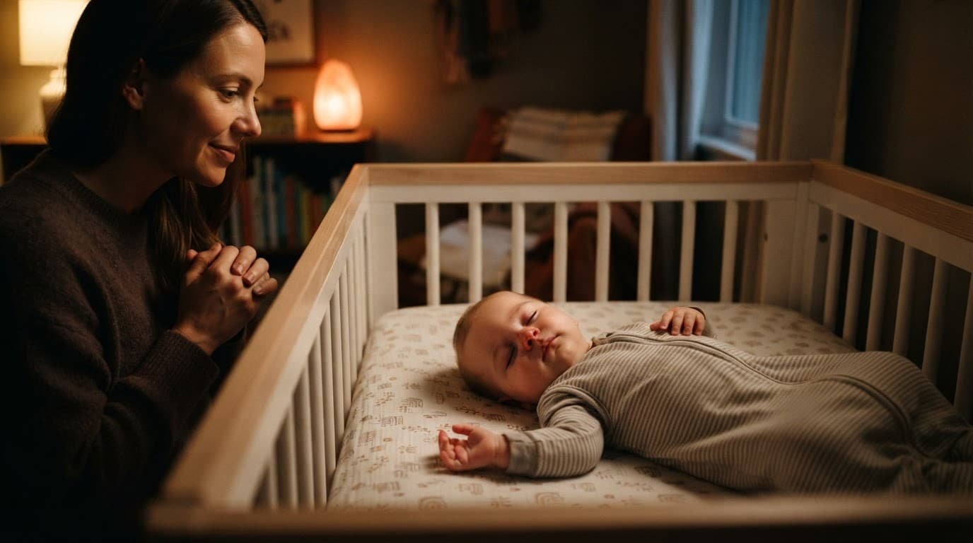 Infant resting on back in a crib as a parent watches nearby.
